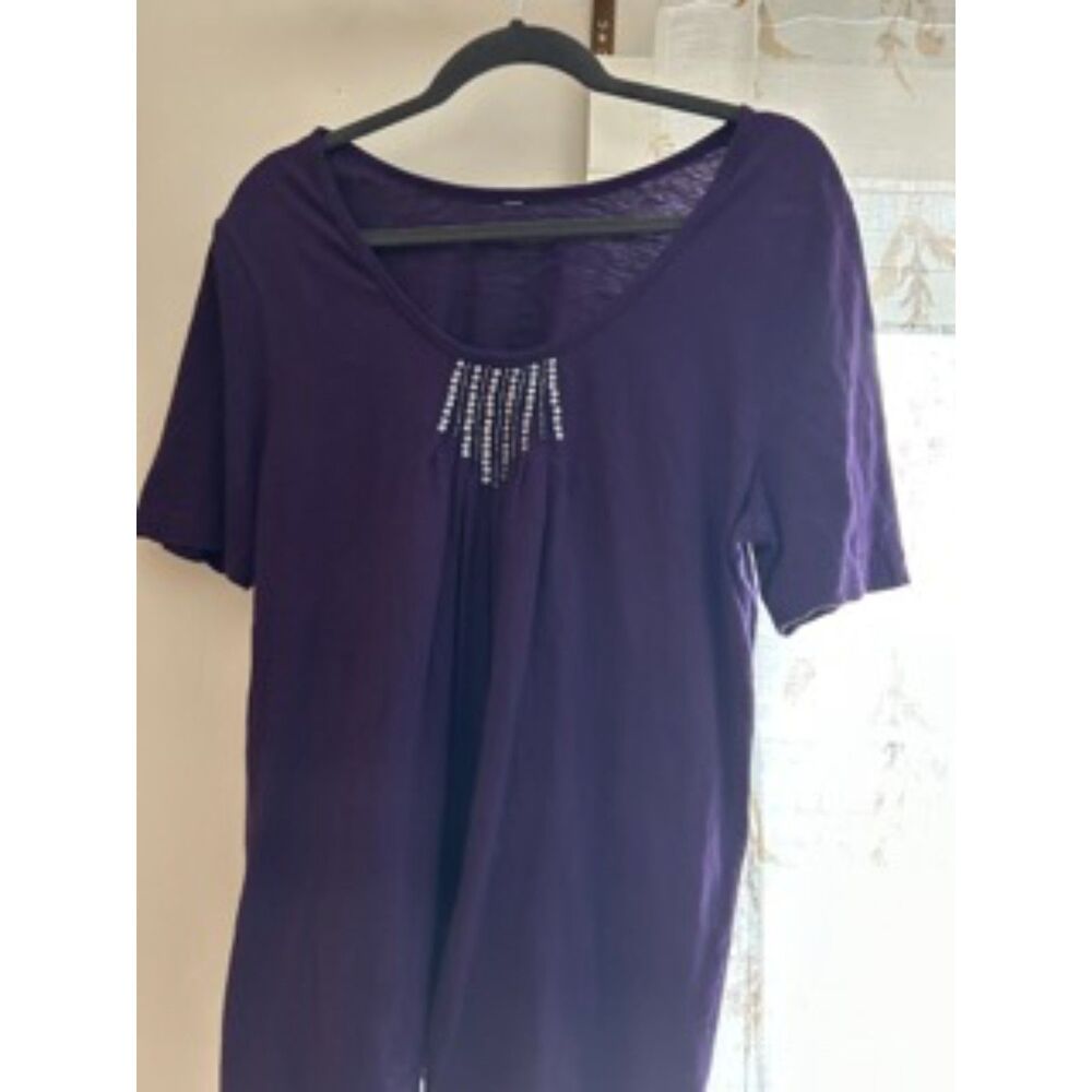 Purple Embellished Scoop Neck Short Sleeve Top Women’s L Casual Blouse